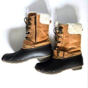 Sperry Saltwater Misty brown real fur leather duck boots Size 6.5